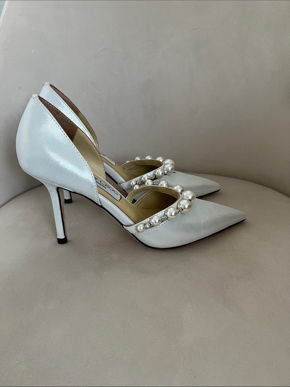 Jimmy Choo Pearl-Trim White Pointed-Toe Pumps - Picture 3 of 6